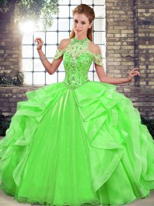 Green Lace Up Halter Top Beading and Ruffles Sweet 16 Quinceanera Dress Organza Sleeveless