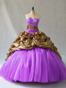 Designer V-neck Sleeveless Organza and Printed Sweet 16 Dresses Beading and Pick Ups Lace Up