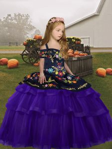 Embroidery and Ruffles Girls Pageant Dresses Purple Lace Up Sleeveless Floor Length