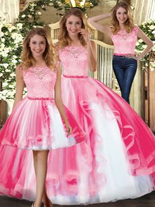 Scoop Sleeveless Tulle Ball Gown Prom Dress Lace and Ruffles Clasp Handle