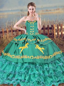 Designer Turquoise Ball Gowns Embroidery and Ruffled Layers 15th Birthday Dress Lace Up Satin Sleeveless Floor Length