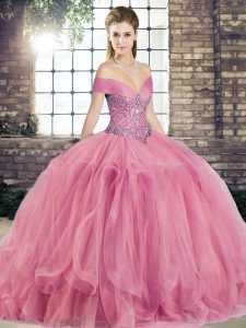Custom Designed Off The Shoulder Sleeveless Lace Up Quinceanera Dress Watermelon Red Tulle