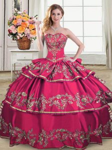 Pretty Organza Sweetheart Sleeveless Lace Up Embroidery and Ruffled Layers Quinceanera Dresses in Hot Pink