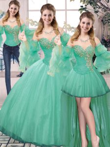 Custom Fit Sweetheart Sleeveless 15th Birthday Dress Floor Length Beading Turquoise Tulle