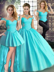 Comfortable Aqua Blue Lace Up Ball Gown Prom Dress Beading Sleeveless Floor Length