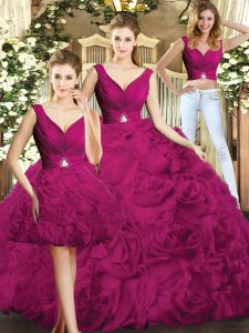 Designer Floor Length Fuchsia Vestidos de Quinceanera Fabric With Rolling Flowers Sleeveless Beading