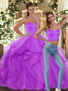 Lilac Sweetheart Lace Up Ruffles Quince Ball Gowns Sleeveless
