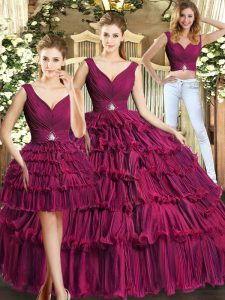 Amazing V-neck Sleeveless 15 Quinceanera Dress Floor Length Ruffled Layers Burgundy Organza