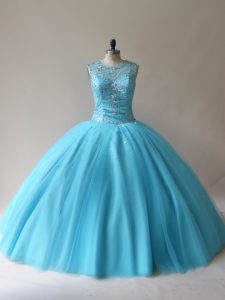 Exceptional Baby Blue Ball Gowns Beading Sweet 16 Dress Lace Up Tulle Sleeveless Floor Length