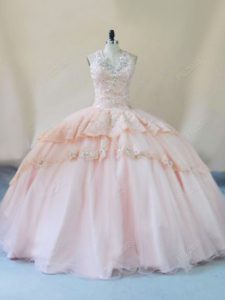 Peach Halter Top Neckline Beading and Lace and Appliques Vestidos de Quinceanera Sleeveless Lace Up