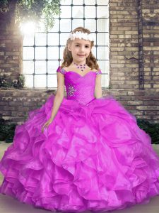 Lovely Lilac Sleeveless Beading and Ruffles Floor Length Pageant Dress for Womens