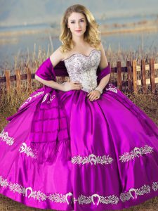 Exquisite Purple Ball Gowns Satin Sweetheart Sleeveless Embroidery Floor Length Lace Up Quince Ball Gowns