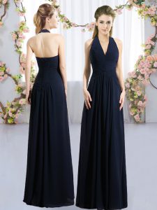 Navy Blue Empire Chiffon Halter Top Sleeveless Ruching Floor Length Lace Up Court Dresses for Sweet 16
