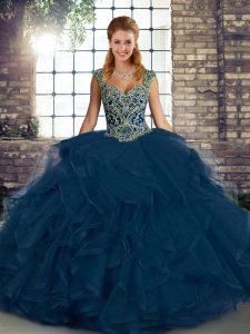 Dramatic Straps Sleeveless Quinceanera Dress Floor Length Beading and Ruffles Blue Tulle