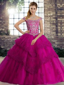 Modest Brush Train Ball Gowns Quinceanera Dresses Fuchsia Off The Shoulder Tulle Sleeveless Lace Up