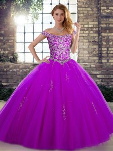 On Sale Off The Shoulder Sleeveless Lace Up Quinceanera Dresses Purple Tulle