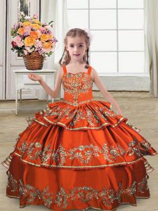 Popular Satin Sleeveless Floor Length Pageant Dress Toddler and Embroidery and Ruffled Layers