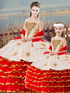 Popular White And Red Sweetheart Lace Up Beading and Ruffled Layers 15 Quinceanera Dress Sleeveless