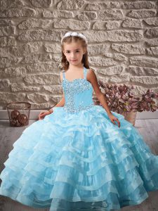 Custom Design Organza Straps Sleeveless Lace Up Beading and Ruffled Layers Little Girl Pageant Dress in Baby Blue