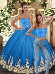 Simple Sleeveless Tulle Floor Length Lace Up Sweet 16 Dresses in Baby Blue with Embroidery