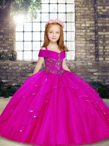 Customized Fuchsia Ball Gowns Straps Sleeveless Tulle Floor Length Lace Up Beading Pageant Dress Wholesale