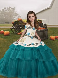 Straps Sleeveless Lace Up Little Girls Pageant Dress Wholesale Teal Tulle