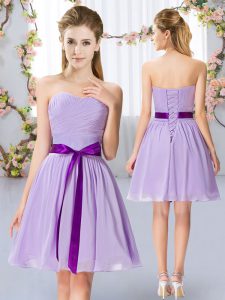 Mini Length Lavender Vestidos de Damas Chiffon Sleeveless Belt