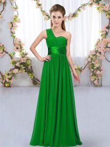 Flare Dark Green Chiffon Lace Up One Shoulder Sleeveless Floor Length Dama Dress for Quinceanera Belt