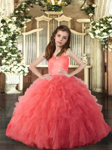 Tulle Straps Sleeveless Lace Up Ruffles Little Girls Pageant Dress in Coral Red