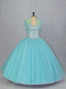 Ball Gowns Quinceanera Dresses Aqua Blue Sweetheart Tulle Sleeveless Floor Length Lace Up