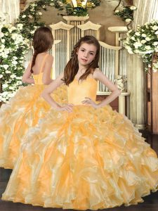 Gold Ball Gowns Ruffles Little Girl Pageant Gowns Lace Up Organza Sleeveless Floor Length