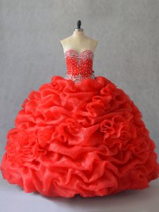 Fashion Red Organza Lace Up Vestidos de Quinceanera Sleeveless Floor Length Pick Ups and Hand Made Flower