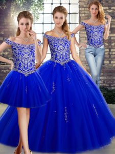 Royal Blue Lace Up Sweet 16 Dress Beading Sleeveless Floor Length