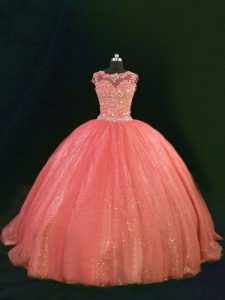 Sleeveless Floor Length Beading and Lace Lace Up Sweet 16 Quinceanera Dress with Orange