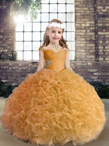 Gold Sleeveless Floor Length Beading Lace Up Pageant Gowns For Girls