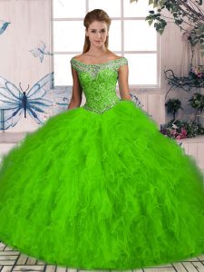 Pretty Quince Ball Gowns Tulle Brush Train Sleeveless Beading and Ruffles