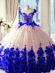 Sleeveless Hand Made Flower Zipper Ball Gown Prom Dress with Blue And White Brush Train