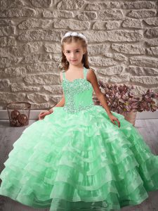 Excellent Apple Green Organza Lace Up Pageant Dress for Girls Sleeveless Brush Train Beading and Ruffled Layers