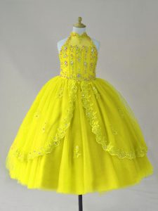 Yellow High-neck Lace Up Beading and Appliques Kids Pageant Dress Sleeveless