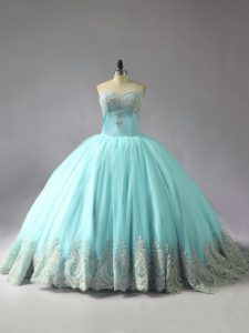 Sleeveless Appliques Lace Up Quinceanera Gown with Blue Court Train