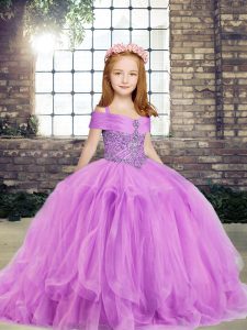 Lilac Side Zipper Straps Beading Child Pageant Dress Tulle Sleeveless
