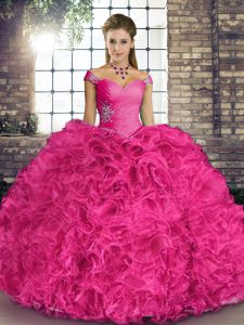 High Class Hot Pink Lace Up Off The Shoulder Beading and Ruffles Sweet 16 Dress Organza Sleeveless