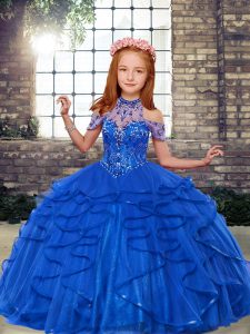 Gorgeous Ball Gowns Little Girls Pageant Dress Wholesale Blue High-neck Tulle Sleeveless Floor Length Lace Up