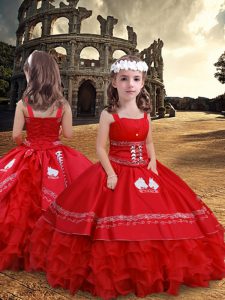 Graceful Floor Length Zipper Pageant Gowns For Girls Red for Wedding Party with Embroidery and Ruffled Layers