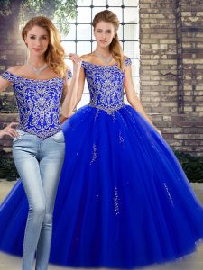 Comfortable Floor Length Royal Blue Quince Ball Gowns Off The Shoulder Sleeveless Lace Up