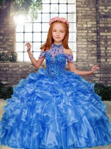 Unique Ball Gowns Little Girls Pageant Gowns Blue High-neck Organza Sleeveless Floor Length Lace Up