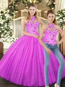 Halter Top Sleeveless Ball Gown Prom Dress Floor Length Embroidery Lilac Tulle