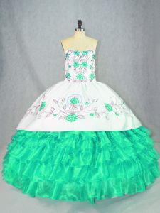 Inexpensive Sleeveless Organza Floor Length Lace Up Quinceanera Dress in Turquoise with Embroidery and Ruffled Layers