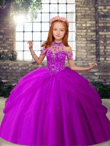 Excellent Purple High-neck Lace Up Beading Child Pageant Dress Sleeveless
