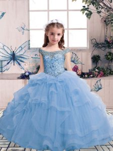 Stylish Tulle Scoop Sleeveless Lace Up Beading and Ruffles Pageant Gowns For Girls in Light Blue